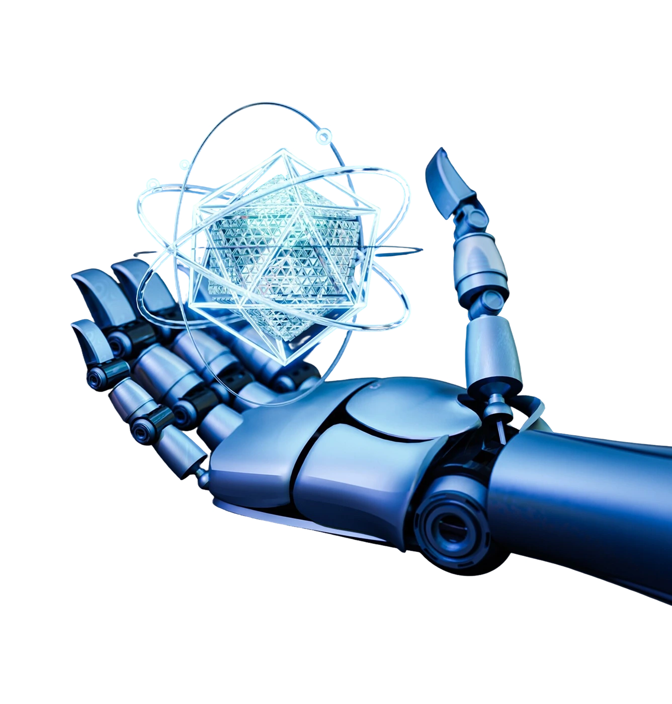 Robotic hand reaching toward an AI model visualization