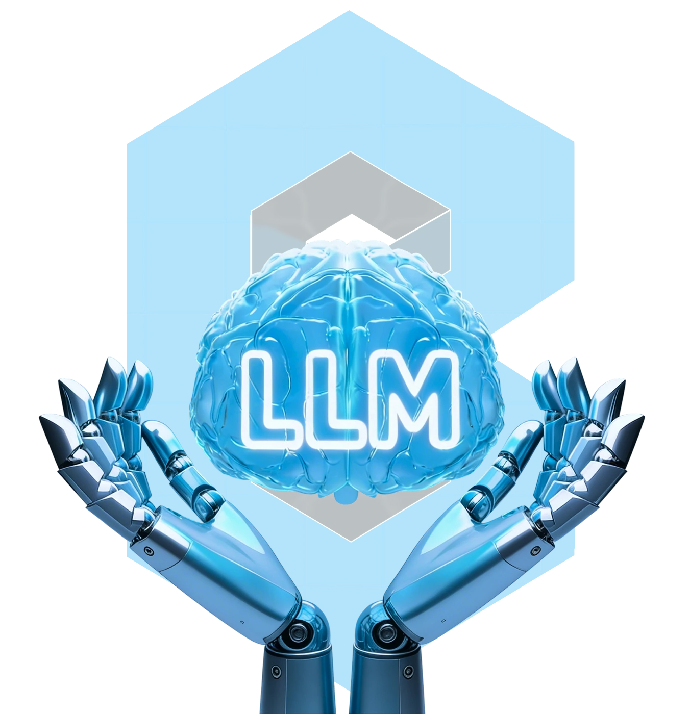 Robotic hands holding an LLM brain