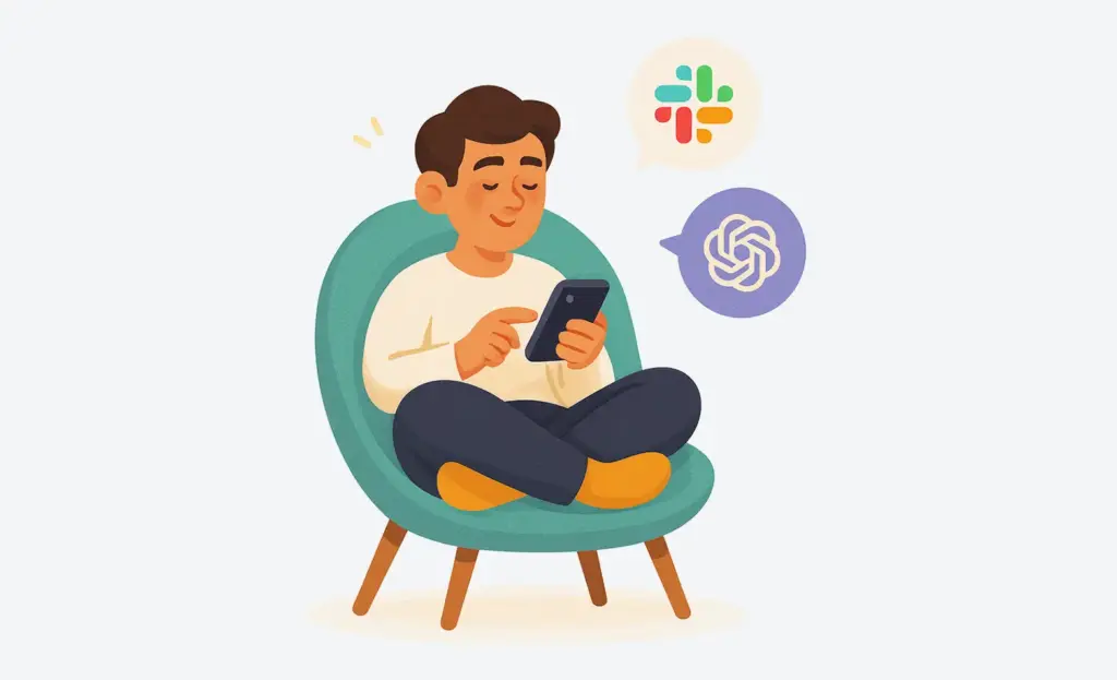 Person using a phone with Slack and ChatGPT icons, illustrating a Slack proofreading app with ChatGPT API.