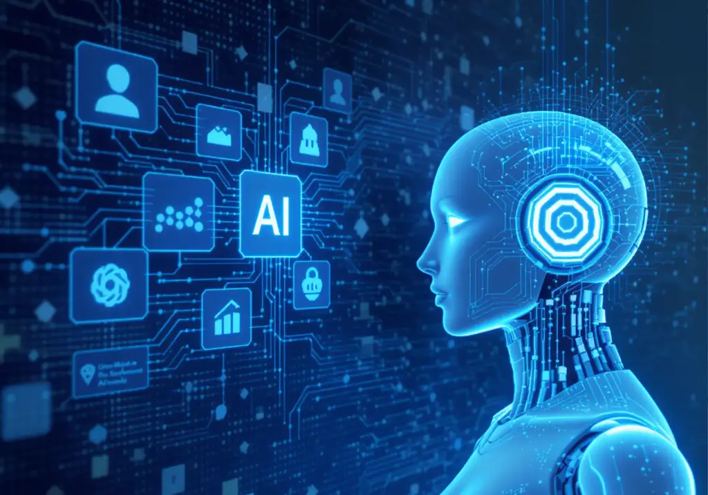 AI chatbots for business shown as a digital robot analyzing data and automation icons to support intelligent customer interactions.