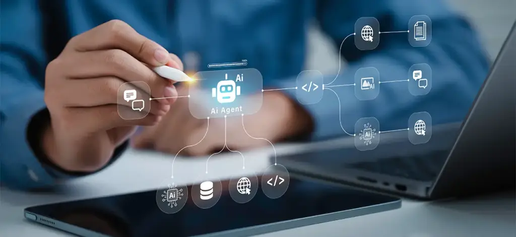 Person using stylus with workflow automation icons over laptop and tablet screen.