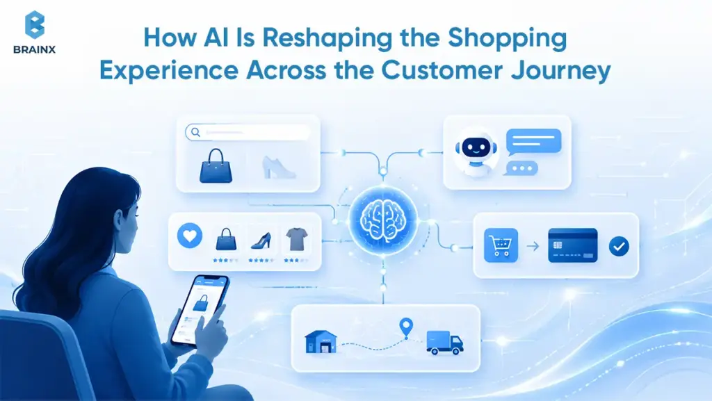 Shopper using a mobile app as AI connects product discovery, chat, payments and delivery across the retail journey.
