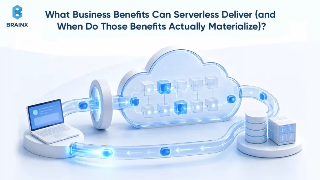 Cloud connected by a glowing data path to a laptop and database, illustrating serverless computing architecture.