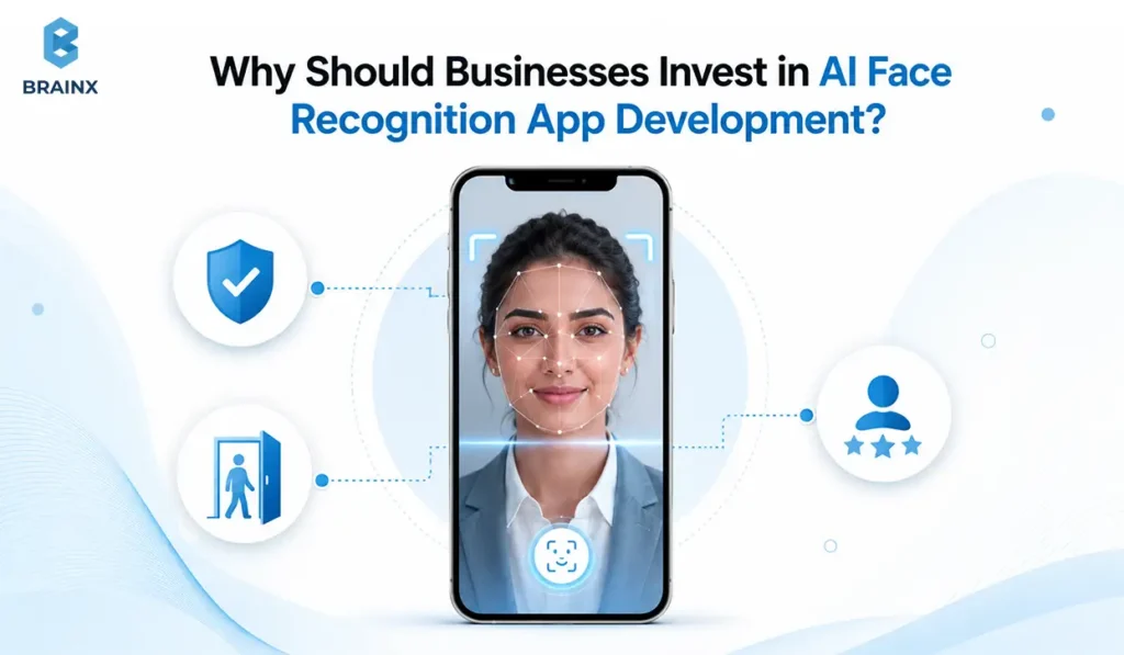 Woman using an AI face recognition app for secure identity verification and faster digital onboarding.